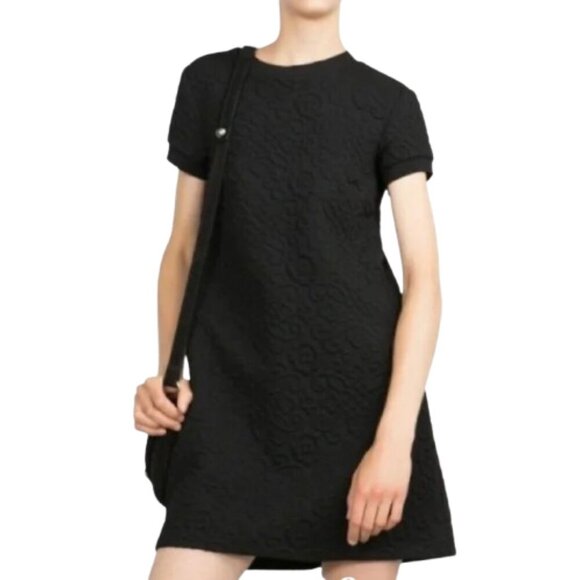 Women's M Zara Floral Jacquard Embossed Black Knit Short Sleeve Mini Shift - Picture 1 of 9